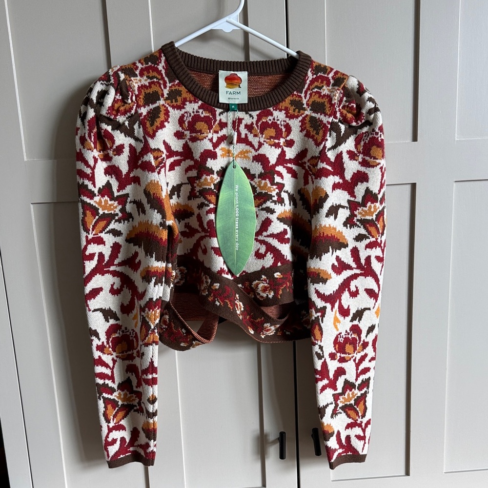 FARM Rio Red, Cream and Brown Floral Jacquard Puff-Sleeve Crop Top
